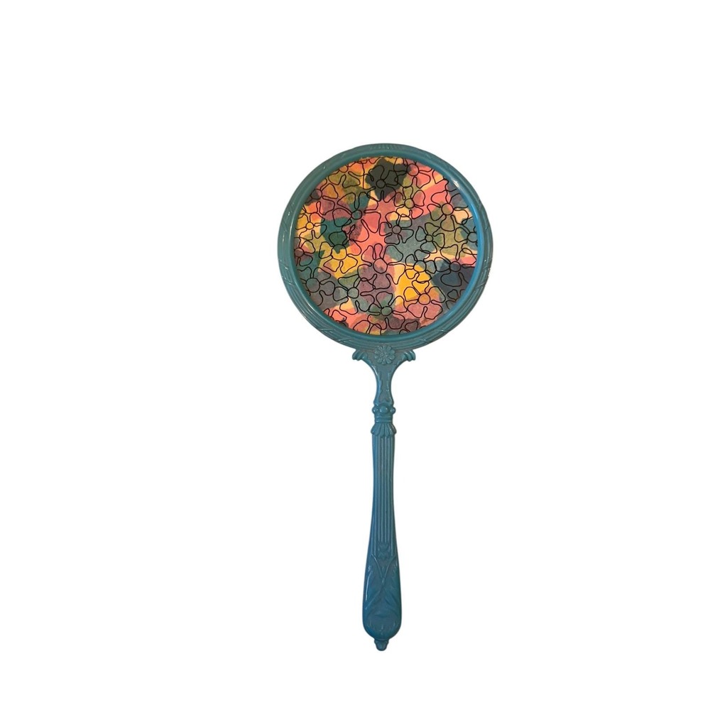 Vtg 60s Teal Blue Hand Mirror Floral Stained Glass Pattern Ornate Handle Retro